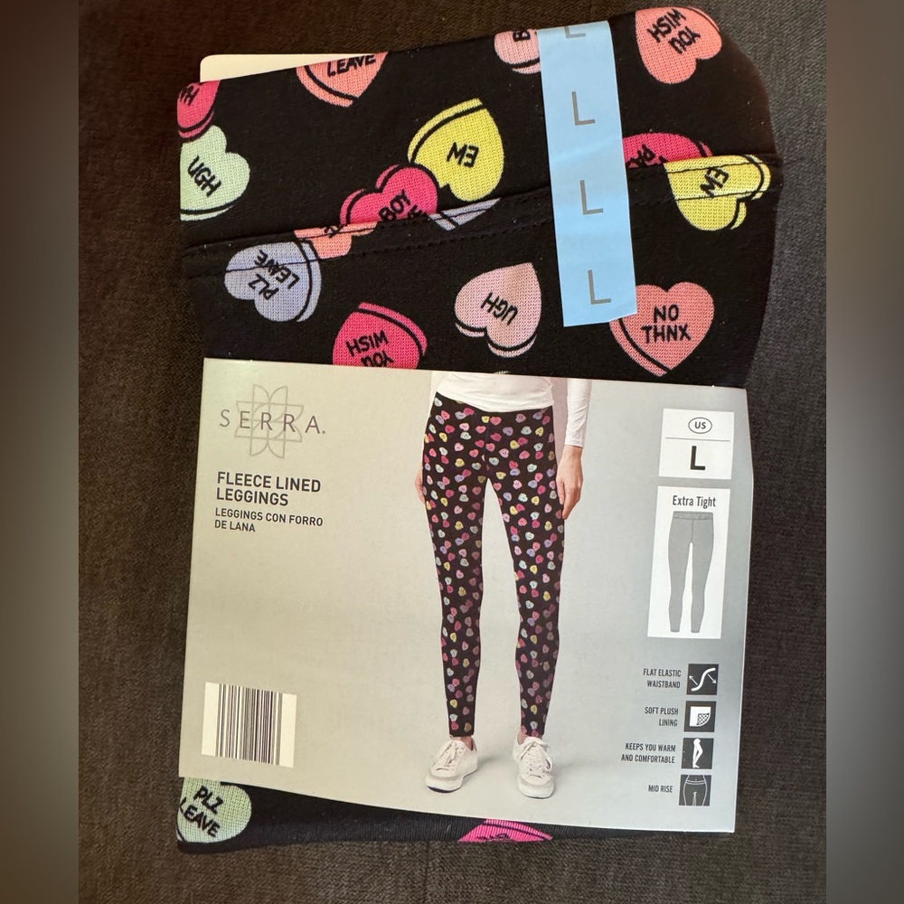 Serra ALDI  Conversation Hearts Valentine Leggings‎ Pants Funny Fleece Lined LRG